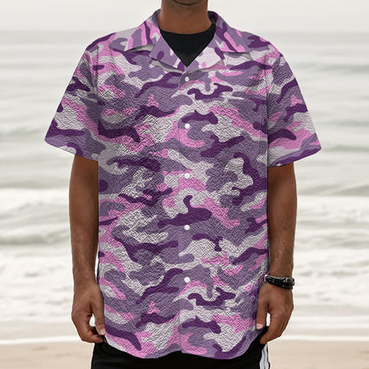 Pink Purple And Grey Camouflage Print Textured Short Sleeve Shirt