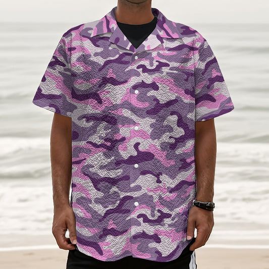 Pink Purple And Grey Camouflage Print Textured Short Sleeve Shirt
