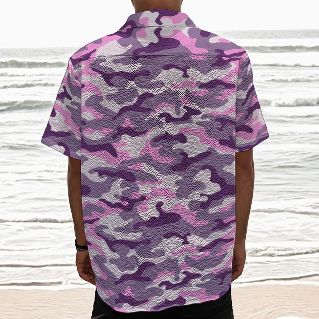 Pink Purple And Grey Camouflage Print Textured Short Sleeve Shirt