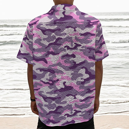 Pink Purple And Grey Camouflage Print Textured Short Sleeve Shirt