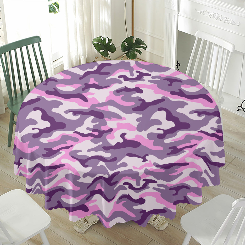 Pink Purple And Grey Camouflage Print Waterproof Round Tablecloth