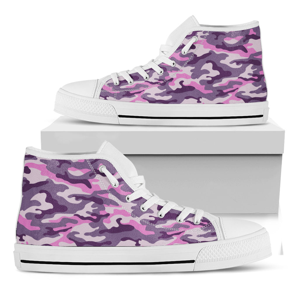 Pink Purple And Grey Camouflage Print White High Top Sneakers