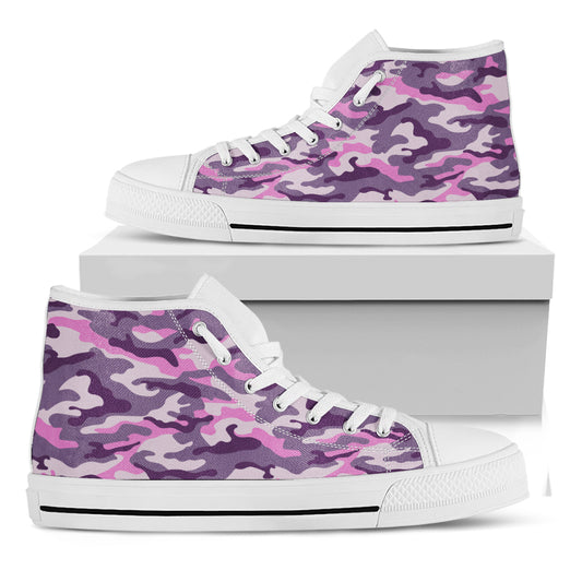 Pink Purple And Grey Camouflage Print White High Top Sneakers