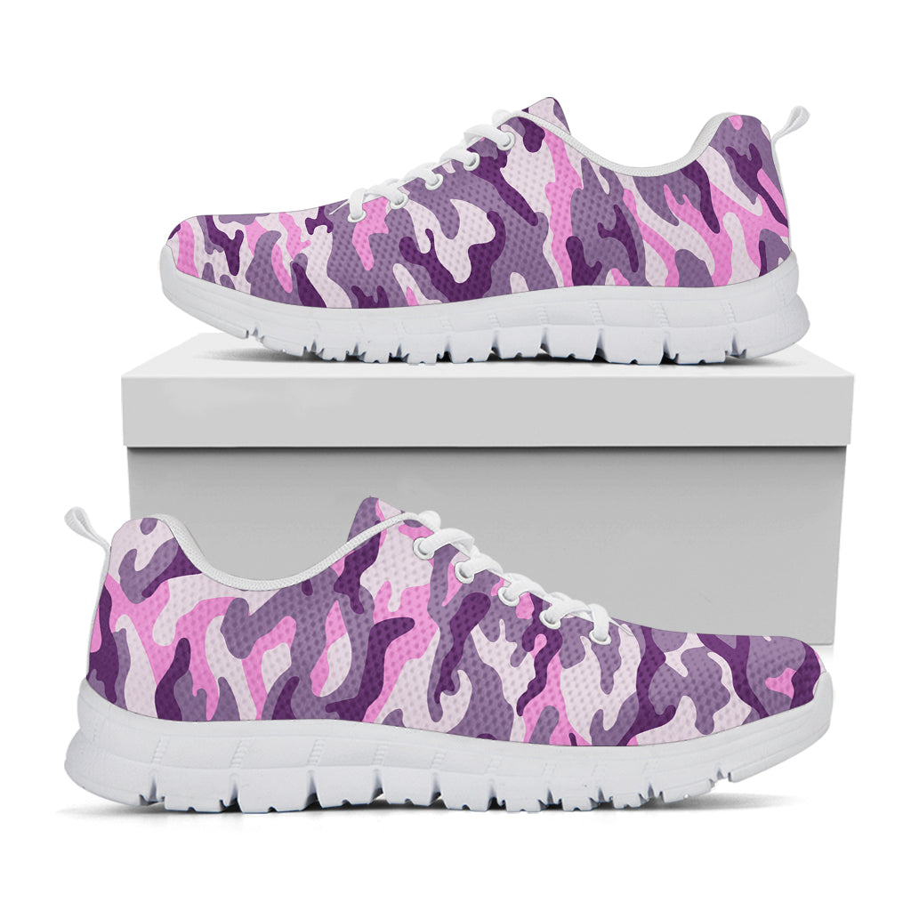 Pink Purple And Grey Camouflage Print White Running Shoes