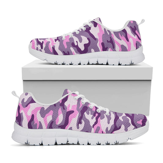 Pink Purple And Grey Camouflage Print White Running Shoes
