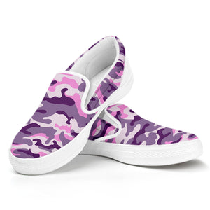 Pink Purple And Grey Camouflage Print White Slip On Sneakers