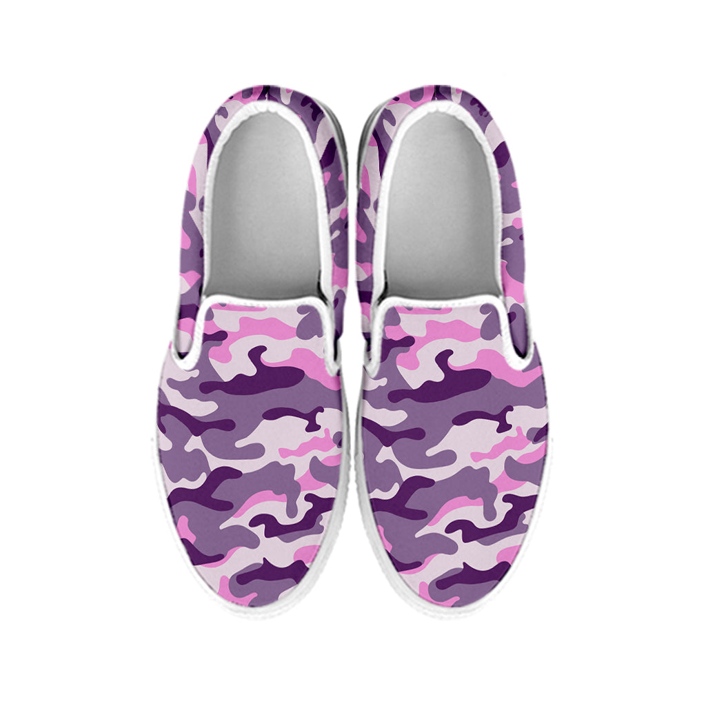 Pink Purple And Grey Camouflage Print White Slip On Sneakers