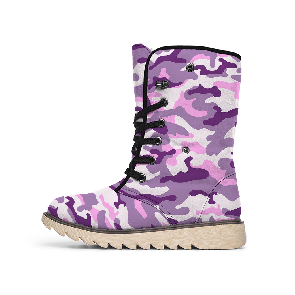 Pink Purple And Grey Camouflage Print Winter Boots