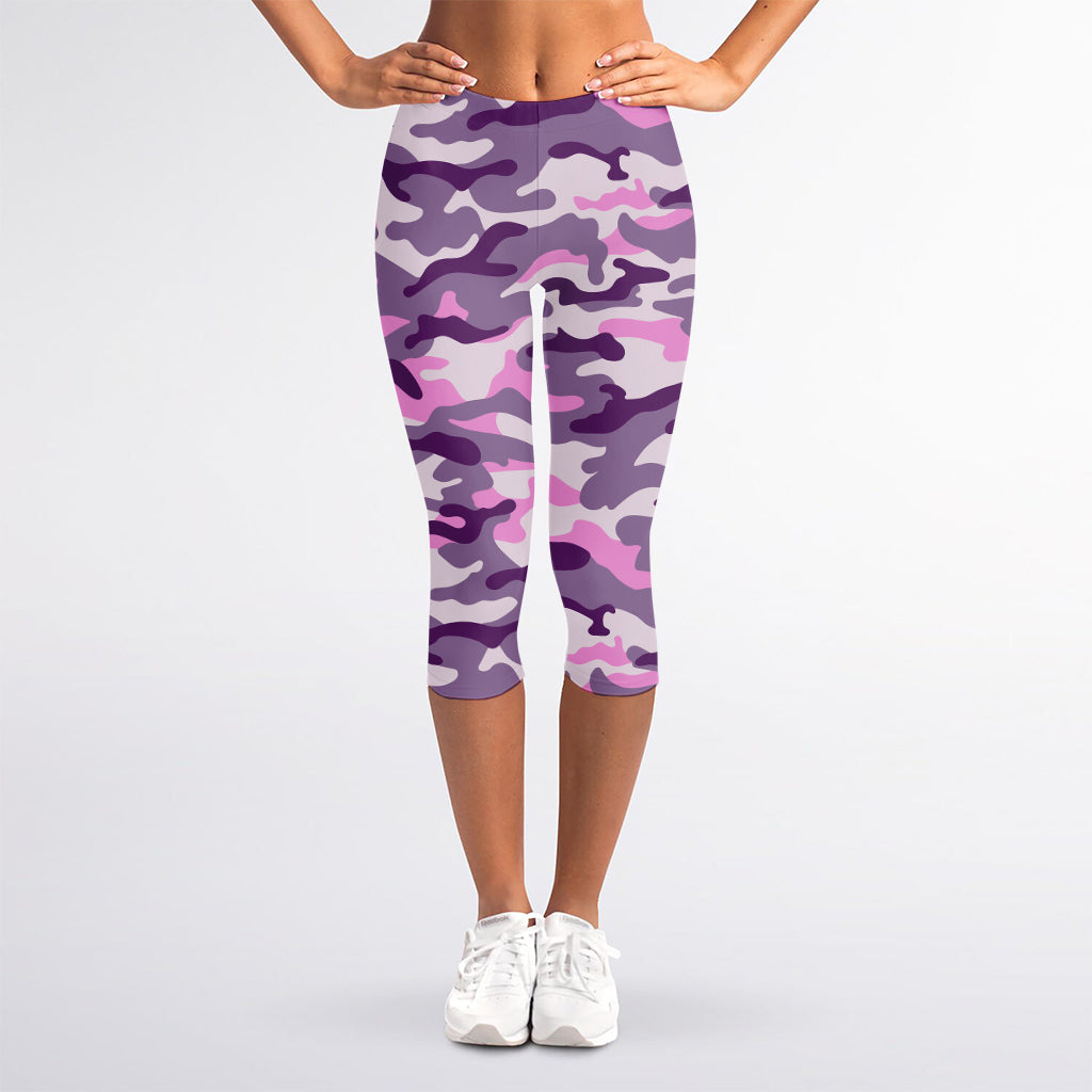 Pink Purple And Grey Camouflage Print Women's Capri Leggings