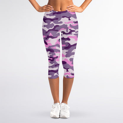 Pink Purple And Grey Camouflage Print Women's Capri Leggings