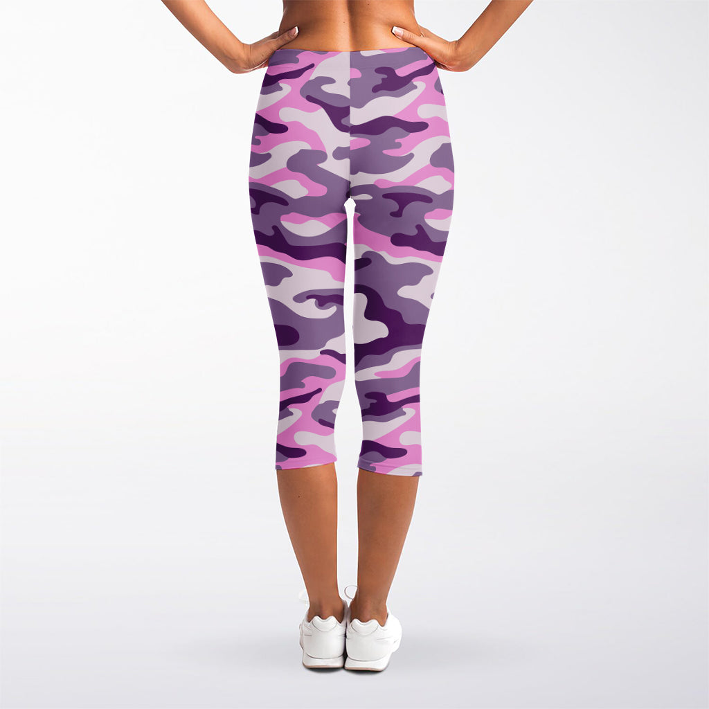 Pink Purple And Grey Camouflage Print Women's Capri Leggings