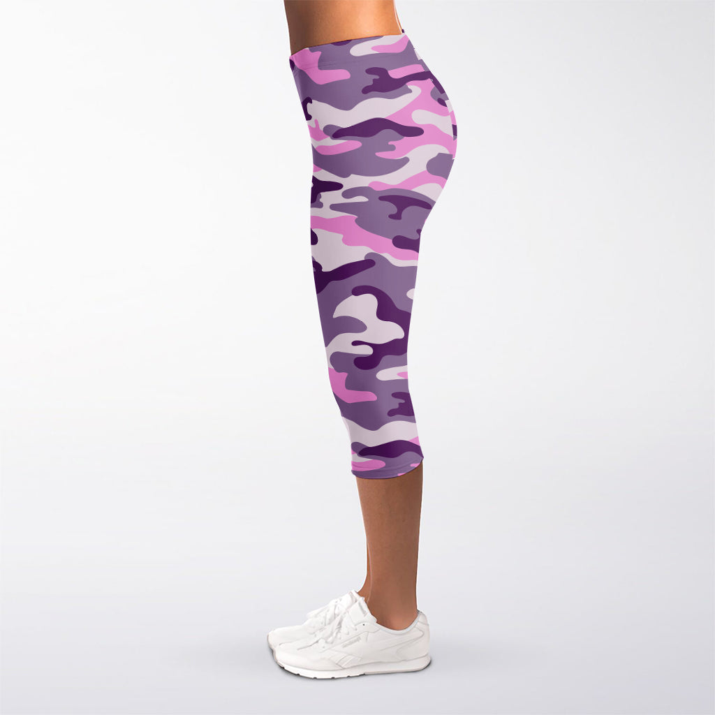 Pink Purple And Grey Camouflage Print Women's Capri Leggings