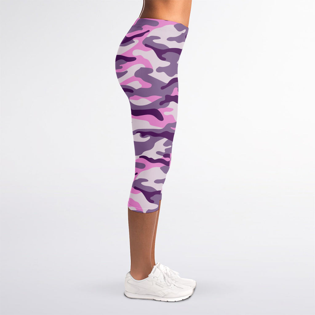 Pink Purple And Grey Camouflage Print Women's Capri Leggings