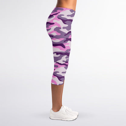 Pink Purple And Grey Camouflage Print Women's Capri Leggings