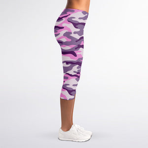 Pink Purple And Grey Camouflage Print Women's Capri Leggings