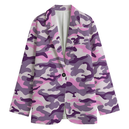 Pink Purple And Grey Camouflage Print Women's Cotton Blazer