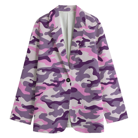 Pink Purple And Grey Camouflage Print Women's Cotton Blazer