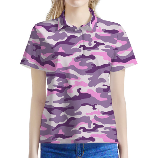 Pink Purple And Grey Camouflage Print Women's Polo Shirt