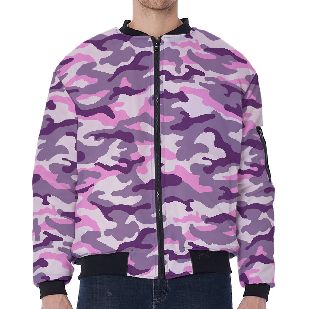 Pink Purple And Grey Camouflage Print Zip Sleeve Bomber Jacket