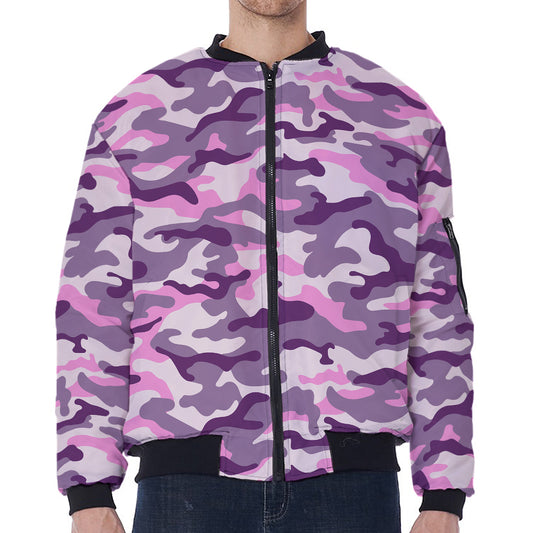 Pink Purple And Grey Camouflage Print Zip Sleeve Bomber Jacket