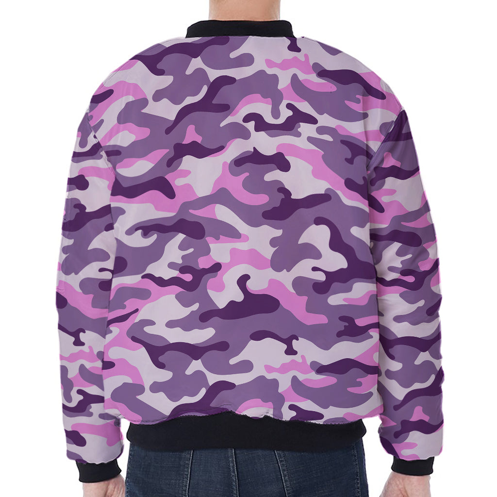 Pink Purple And Grey Camouflage Print Zip Sleeve Bomber Jacket