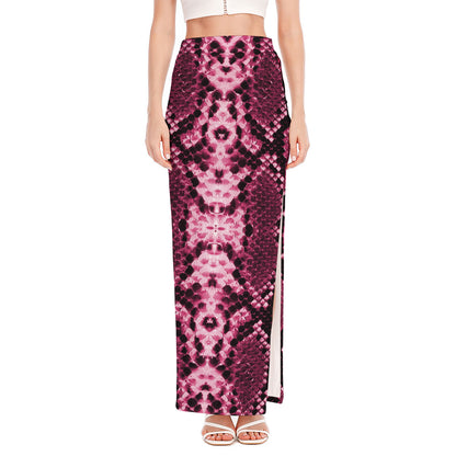 Pink Python Snakeskin Print High Slit Maxi Skirt