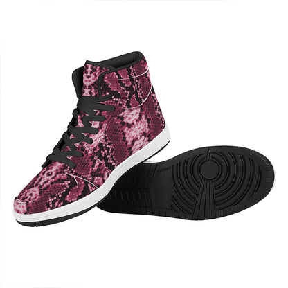 Pink Python Snakeskin Print High Top Leather Sneakers