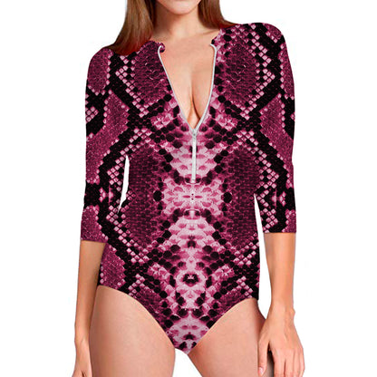 Pink Python Snakeskin Print Long Sleeve Swimsuit