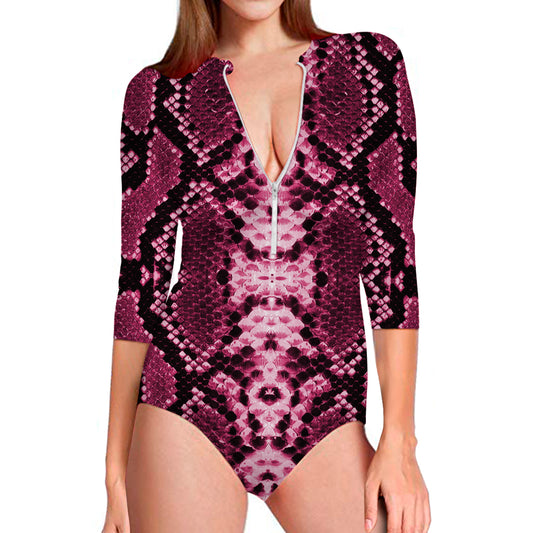 Pink Python Snakeskin Print Long Sleeve Swimsuit