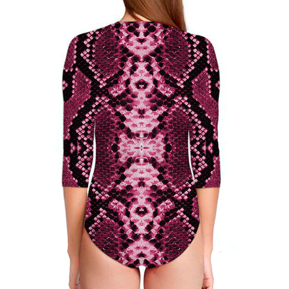 Pink Python Snakeskin Print Long Sleeve Swimsuit