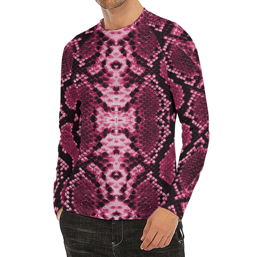 Pink Python Snakeskin Print Men's Long Sleeve Rash Guard