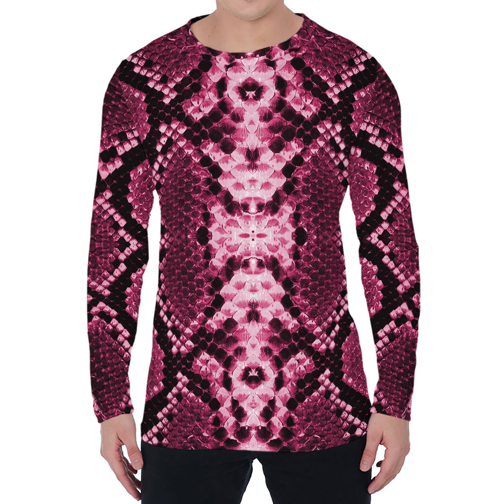 Pink Python Snakeskin Print Men's Long Sleeve T-Shirt