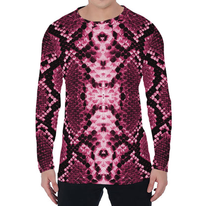 Pink Python Snakeskin Print Men's Long Sleeve T-Shirt