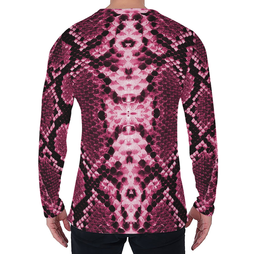 Pink Python Snakeskin Print Men's Long Sleeve T-Shirt