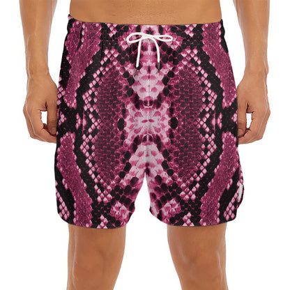 Pink Python Snakeskin Print Men's Split Running Shorts