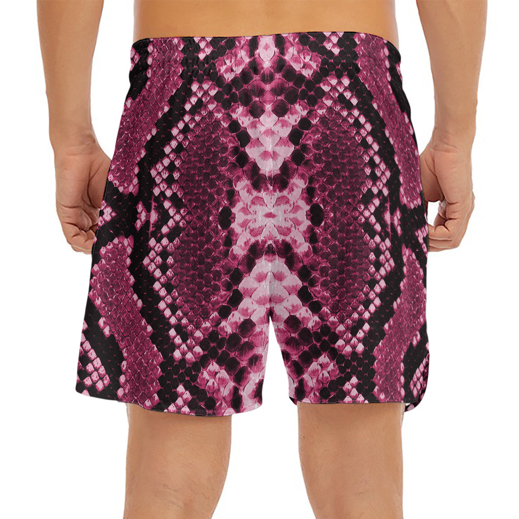 Pink Python Snakeskin Print Men's Split Running Shorts