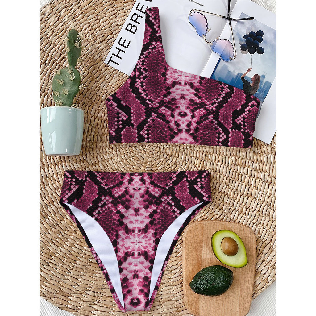 Pink Python Snakeskin Print One Shoulder Bikini Top