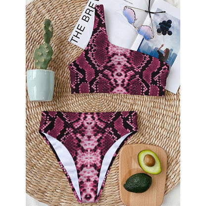 Pink Python Snakeskin Print One Shoulder Bikini Top