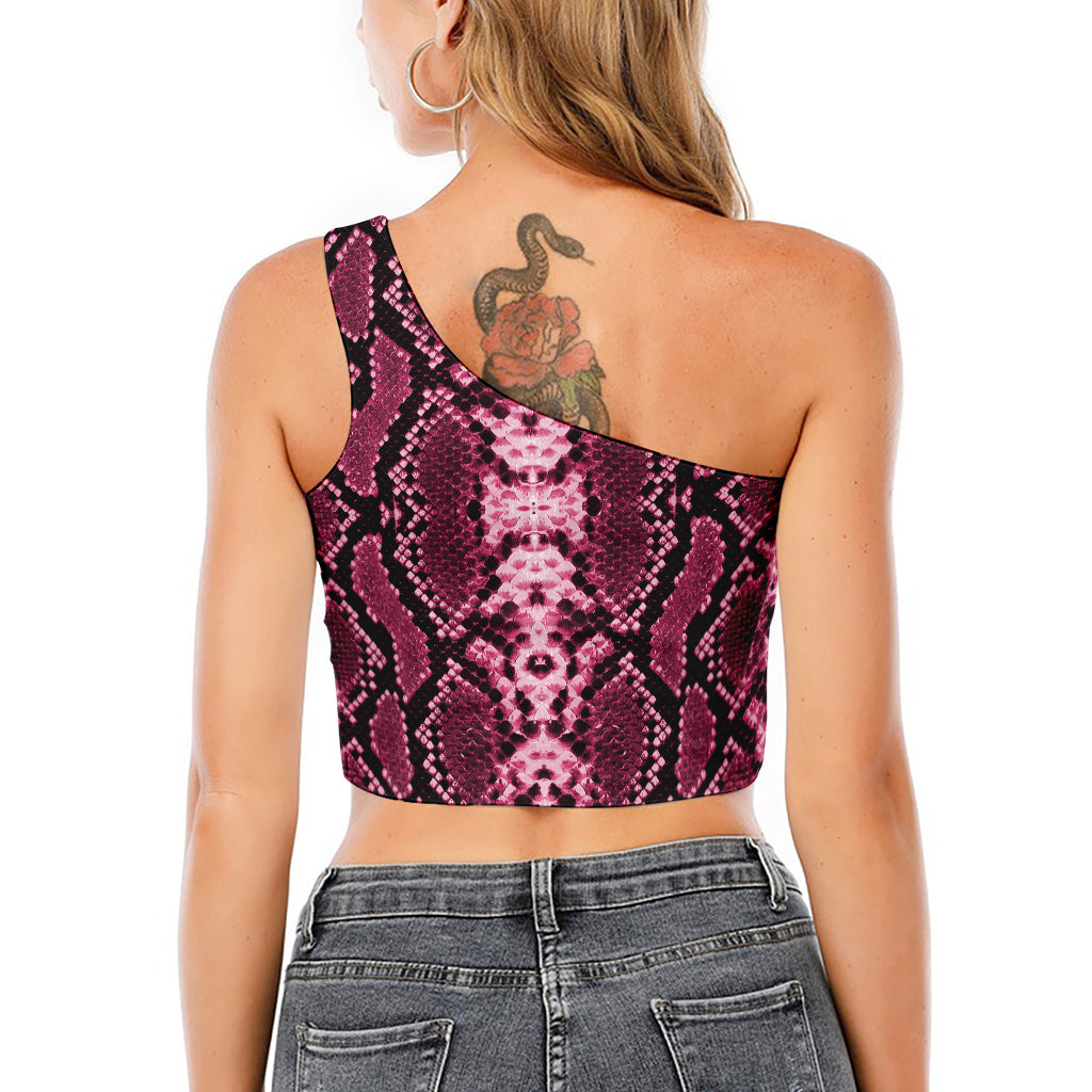 Pink Python Snakeskin Print One Shoulder Crop Top