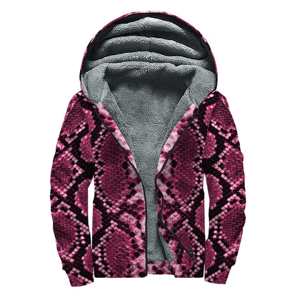Pink Python Snakeskin Print Sherpa Lined Zip Up Hoodie