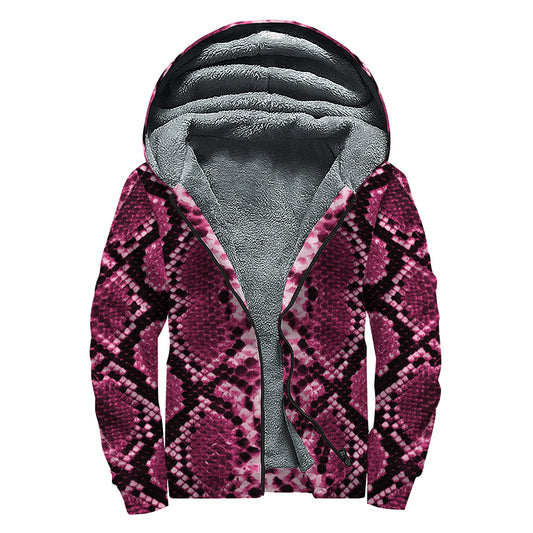 Pink Python Snakeskin Print Sherpa Lined Zip Up Hoodie