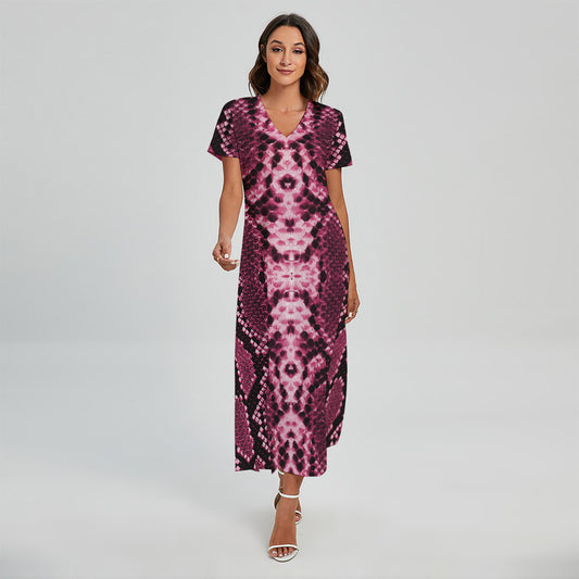 Pink Python Snakeskin Print Short Sleeve Maxi Dress