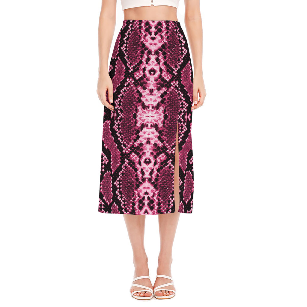 Pink Python Snakeskin Print Side Slit Midi Skirt