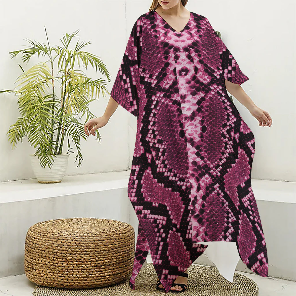 Pink Python Snakeskin Print Silk V-Neck Kaftan Dress