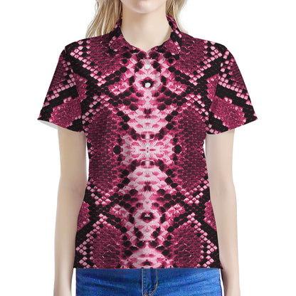 Pink Python Snakeskin Print Women's Polo Shirt