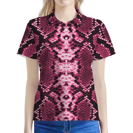 Pink Python Snakeskin Print Women's Polo Shirt