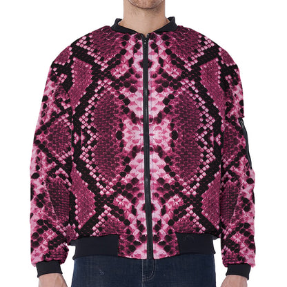 Pink Python Snakeskin Print Zip Sleeve Bomber Jacket