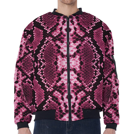 Pink Python Snakeskin Print Zip Sleeve Bomber Jacket