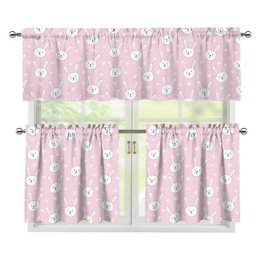 Pink Rabbit Pattern Print 3 Piece Kitchen Curtains