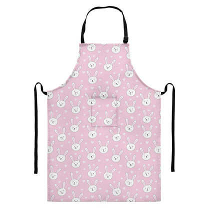 Pink Rabbit Pattern Print Bib Apron With Pocket